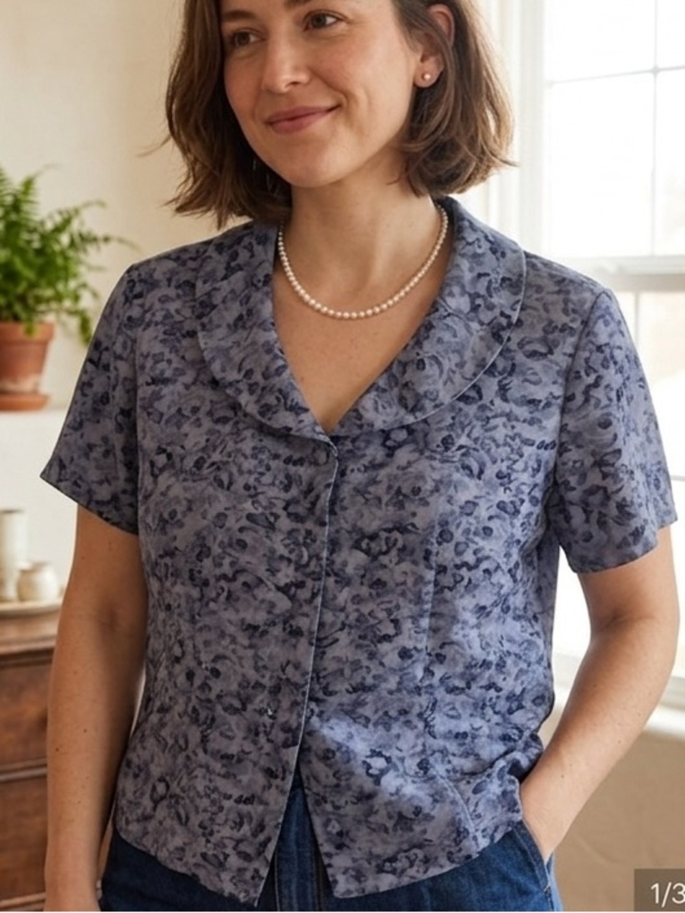 Vintage Blue Floral Peter Pan Collar Blouse | Grandmacore Cottagecore Retro Top